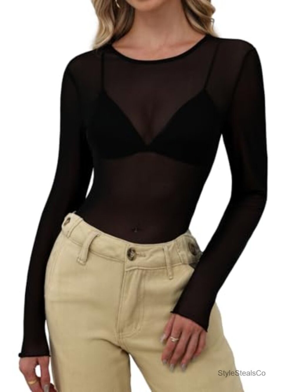 Mesh Long Sleeve Sheer Floral Embroidered Crew Neck Blouse